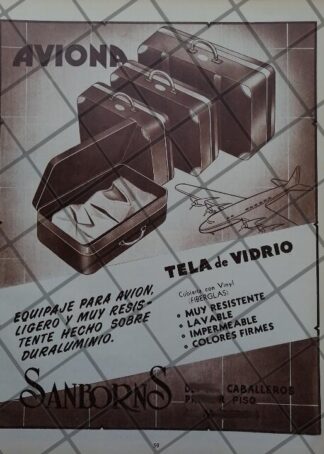 CARTEL ANTIGUO TIENDAS SANBORNS, MALETAS AVIONA 1951