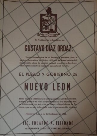 AFICHE POLITICO RETRO NUEVO LEON FELICITA A DIAZ ORDAZ 1970