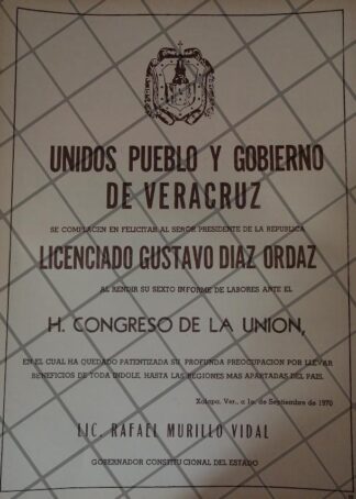 AFICHE POLITICO RETRO VERACRUZ FELICITA A DIAZ ORDAZ 1970