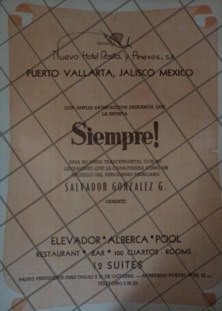 CARTEL RETRO ORIGINAL, HOTEL NUEVA ROSITA, P. VALLARTA 1973