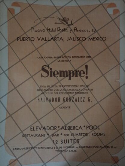 CARTEL RETRO ORIGINAL, HOTEL NUEVA ROSITA, P. VALLARTA 1973