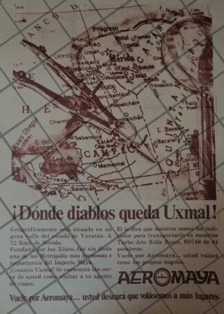 RARO AFICHE RETRO ORIGINAL. AEROLINEAS AEROMAYA 1967 /928