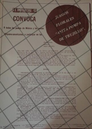 AFICHE RETRO. CONVOCATORIA JUEGOS FLORARES ANITA POMPA TRUJILLO 1973