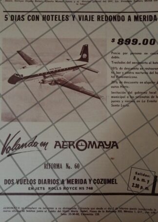 RARO AFICHE RETRO ORIGINAL. AEROLINEAS AEROMAYA 1967 /917