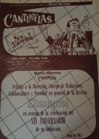 RARO AFICHE RETRO ORIGINAL. CANTINFLAS FELICITA A LA REVISTA SIEMPRE 1967