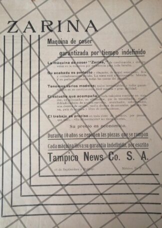 CARTEL ANTIGUO 1912. TAMPICO NEWS, MAQUINA DE COSER ZARINA