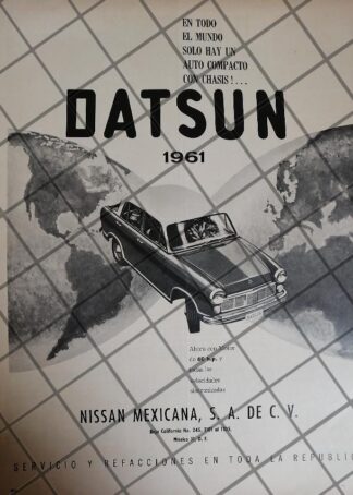 AFICHE RETRO ORIGINAL AUTOS NISSAN DATSUN EL PRIMERO EN MEXICO 1961