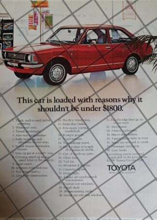 AFICHE RETRO ORIGINAL AUTOS TOYOTA COROLLA 1971/1012