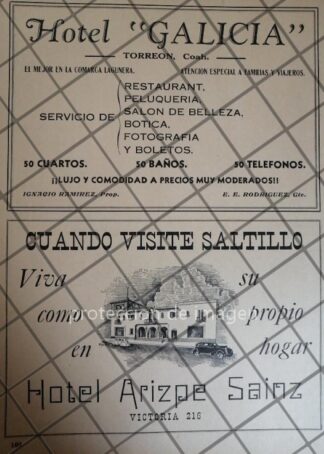 AFICHE ANTIGUO HOTEL ARIZPE SAINZ Y HOTEL GALICIA, COAHUILA 1943
