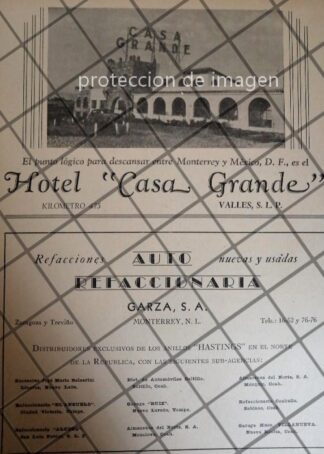 AFICHE ANTIGUO HOTEL CASA GRANDE Y MAS, SAN LUIS POTOSI 1943