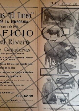 AFICHE ANTIGUO CORRIDA DE TOROS. BENEFICIO DE PEPE DEL RIVERO 1914
