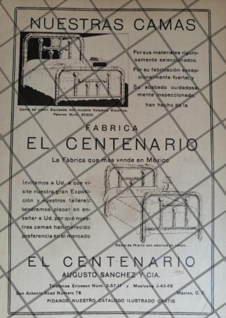 CARTEL ANTIGUO FABRICA DE CAMAS EL CENTENARIO 1942 / MUY RARO