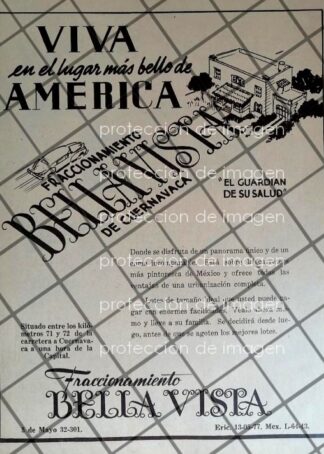 AFICHE ANTIGUO ORIGINAL NACE LA COL. BELLA VISTA, CUERNAVACA 1941