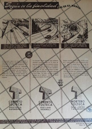 CARTEL PUBLICITARIO ANTIGUO CEMENTO TOLTECA 1950 /1039