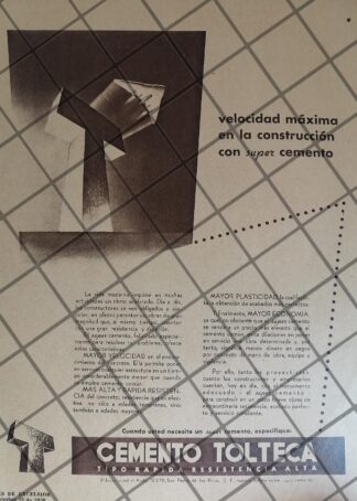 CARTEL PUBLICITARIO ANTIGUO CEMENTO TOLTECA 1950 /1037