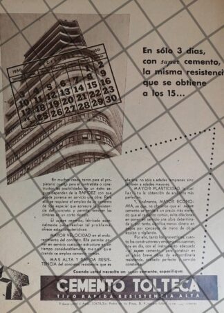CARTEL PUBLICITARIO ANTIGUO CEMENTO TOLTECA 1950 /1036