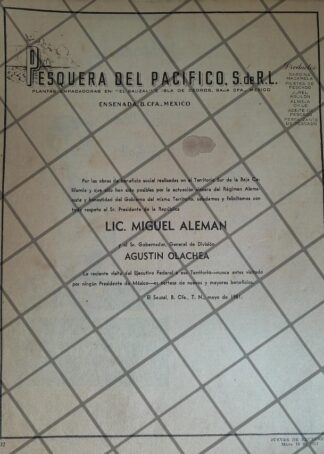 AFICHE POLITICO ANTIGUO PESQUERIA DEL PACIFICO 1951
