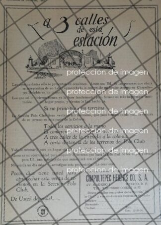 PUBLICIDAD ANTIGUA CIA. BIENES RAICES CHAPULTEPEC HEIGHTS 1927