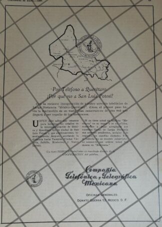 PUBLICIDAD ANTIGUA CIA. TELEFONICA Y TELEGRAFICA MEXICANA 1927