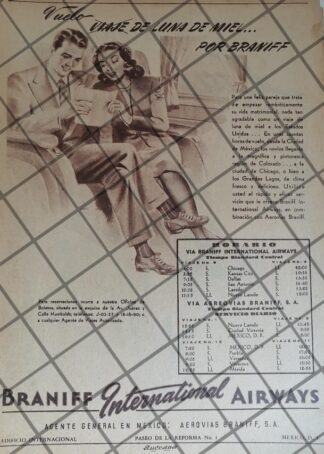 CARTEL ANTIGUO ORIGINAL AEROLINEAS BRANNIF 1946 /994