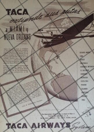 CARTEL ANTIGUO ORIGINAL AEROLINEAS TACA 1947 (AVIANCA) /991