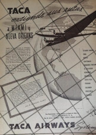 CARTEL ANTIGUO ORIGINAL AEROLINEAS TACA 1947 (AVIANCA) /989