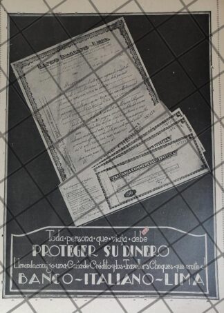CARTEL PUBLICIDAD VINTAGE. BANCO ITALIANO 1927 /RARO. PERU