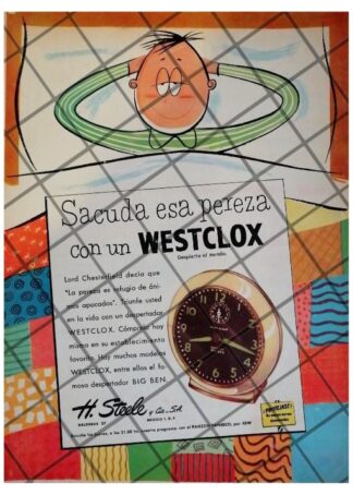 CARTEL PUBLICIDAD RETRO RELOJ DESPERTADOR WESTCLOX 1952 619