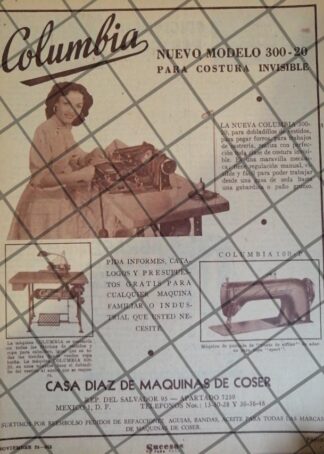 CARTEL PUBLICITARIO RETRO MAQUINAS DE COSER COLUMBIA 1953 612
