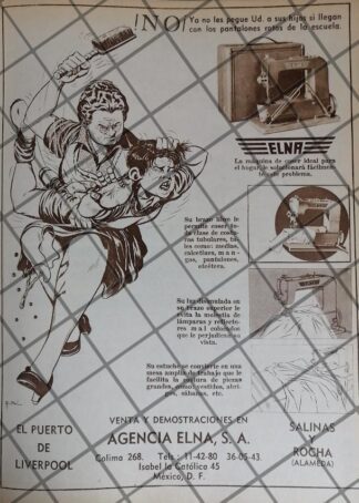 CARTEL PUBLICITARIO MAQUINA COSER ELNA DIBUJO FEDERICO CURIEL 1948