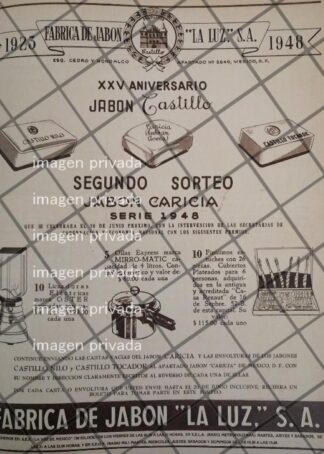 CARTEL PUBLICITARIO RETRO. FABRICA DE JABON LA LUZ S.A 1948