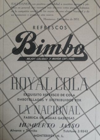 AFICHE PUBLICITARIO RETRO REFRESCOS BIMBO 1953 MONTERREY