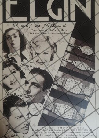 CARTEL PUBLICIDAD RETRO RELOJES ELGIN ESTRELLAS DE CINE 1937