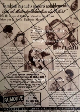 CARTEL PUBLICITARIO RETRO. JABON PALMOLIVE Y PATRICIA MORAN 1946