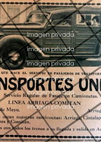 CARTEL PUBLICITARIO RETRO TRANSPORTES UNIDOS. ARRIAGA CHIAPAS 1939
