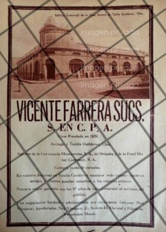 CARTEL PUBLICITARIO CASA VICENTE FERRARA S.A TUXTLA. CHIAPAS 1939