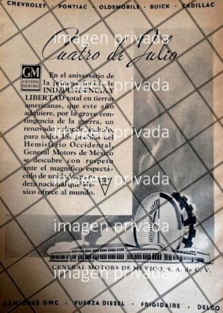 CARTEL PUBLICIDAD PATRIOTA 1942 G. MOTORS MEXICO EN GUERRA 1942