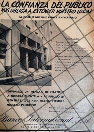 CARTEL PUBLICITARIO RETRO. BANCO INTERNACIONAL 1942 /156