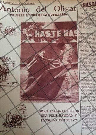 AFICHE ANTIGUO FELICITACION TORERO ANTONIO DEL OLIVAR 1953