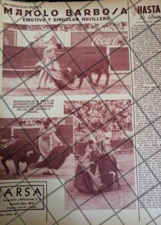AFICHE ANTIGUO TORERO. MANOLO BARBOSA. 1950s