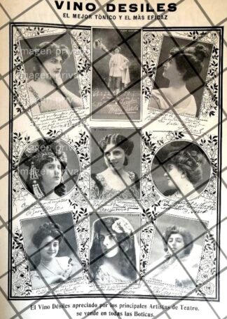 RARISIMO CARTEL PUBLICITARIO ANTIGUO. VINO DESILES Y ACTRICES 1907