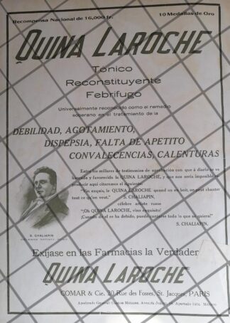 CARTEL ANTIGUO QUINA LA ROCHE Y FEDOR CHALIAPIN 1910