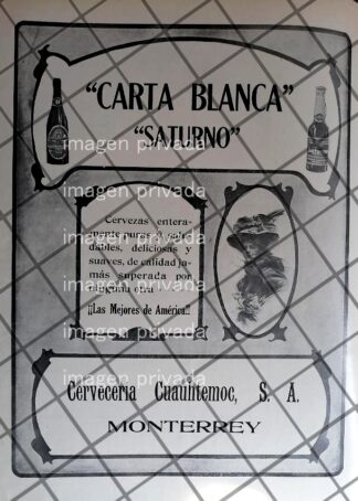 CARTEL ANTIGUO CERVEZA CARTA BLANCA SATURNO 1910 203