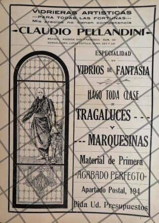 CARTEL ANTIGUO VIDRIERA ARTISTICA CLAUDIO PELLANDINI 1910