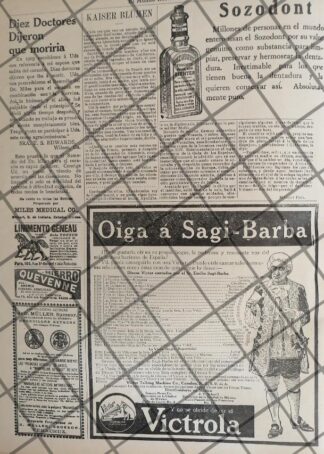 CARTEL ANTIGUO GRAMOFONO VICTROLA Y SAGI BARBA 1910