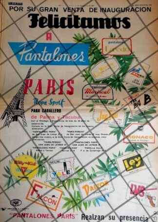 PUBLICIDAD RETRO PANTALONES PARIS S.A 1969