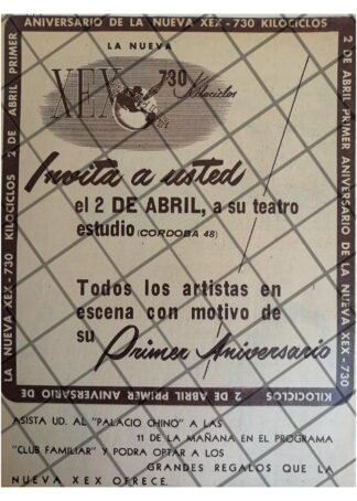 AFICHE RETRO RADIO DIFUSORA XEX 1952 1ER ANIVERSARIO