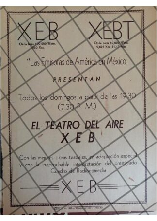 AFICHE RETRO RADIO DIFUSORA XEB 1952 EL TEATRO DEL AIRE