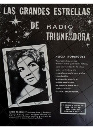 AFICHE RETRO CANTANTE ALICIA RODRIGUEZ. XHFO RADIO 1982