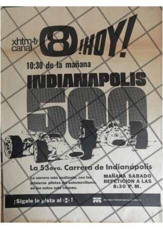 AFICHE RETRO 500 MILLAS DE INDIANAPOLIS, CANAL 8 /1969